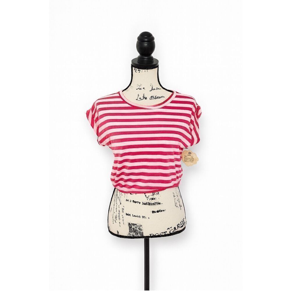 Belle du Jour Pink & White Striped Cropped Tee Shirt Women’s Size Small NWT
